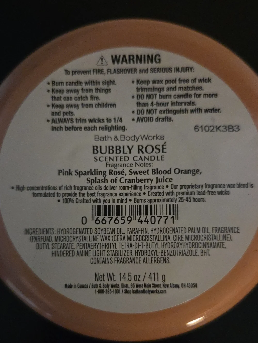Bath & Body Works Bubbly Rosé 3 Wick Candle NWT